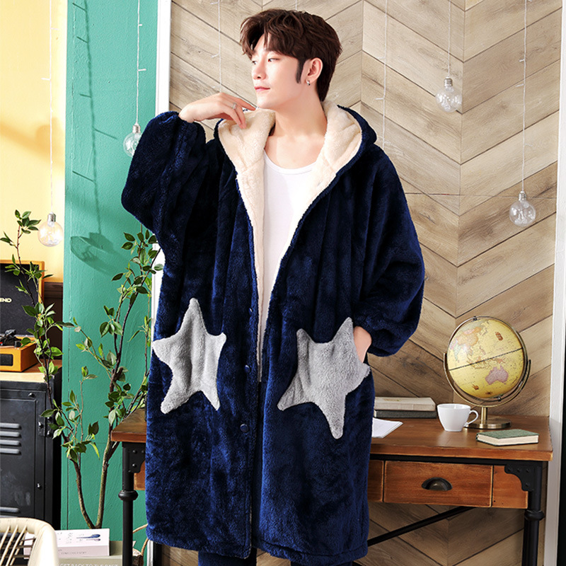 Pajamas for men, winter flannel home wear, autumn and winter thickened coral fleece mid-length bathrobe and trousers home wear set details Picture