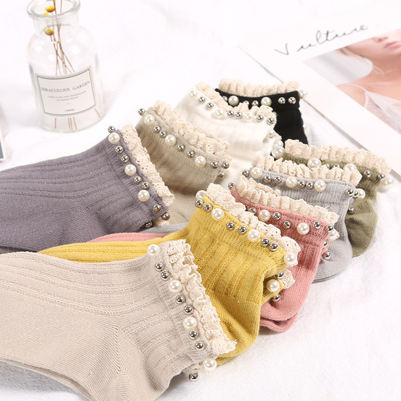 袜子女 春季新款珍珠袜全棉成人女士短袜 日系学院风百搭吸汗船袜细节图