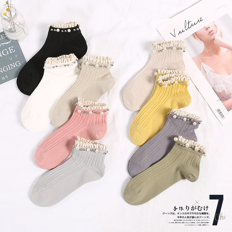 袜子女 春季新款珍珠袜全棉成人女士短袜 日系学院风百搭吸汗船袜产品图