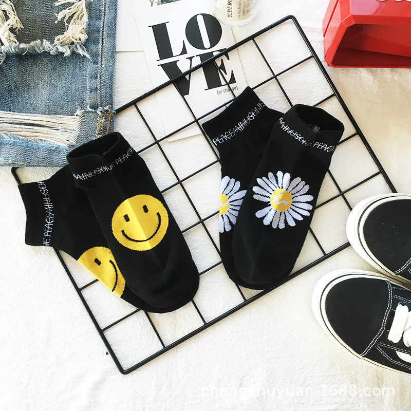 袜子女潮牌纯棉学院风船袜女浅口春夏ins小雏菊个性短袜纯黑色男产品图