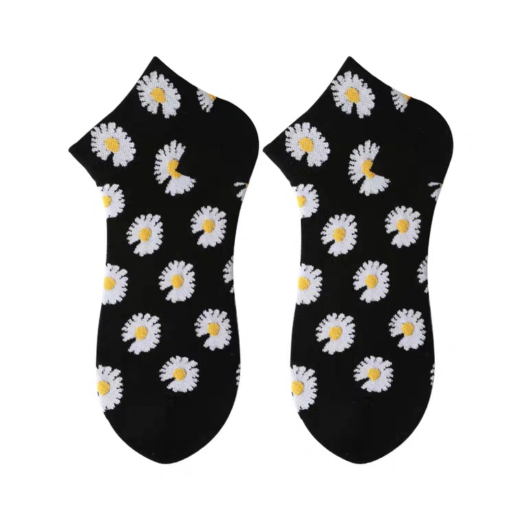 袜子女潮牌纯棉学院风船袜女浅口春夏ins小雏菊个性短袜纯黑色男白底实物图