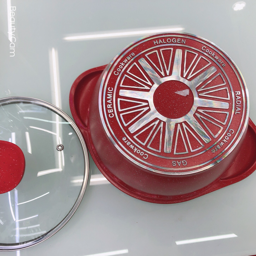 压铸大理石汤锅花底不粘锅玻璃盖彩盒装白底实物图