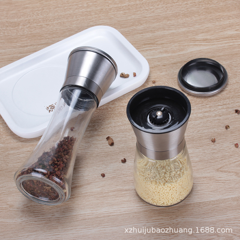 Factory direct sales stainless steel grinding machine, manual freshly ground pepper and Sichuan pepper grinding machine, kitchenware, glass seasoning bottle details Picture