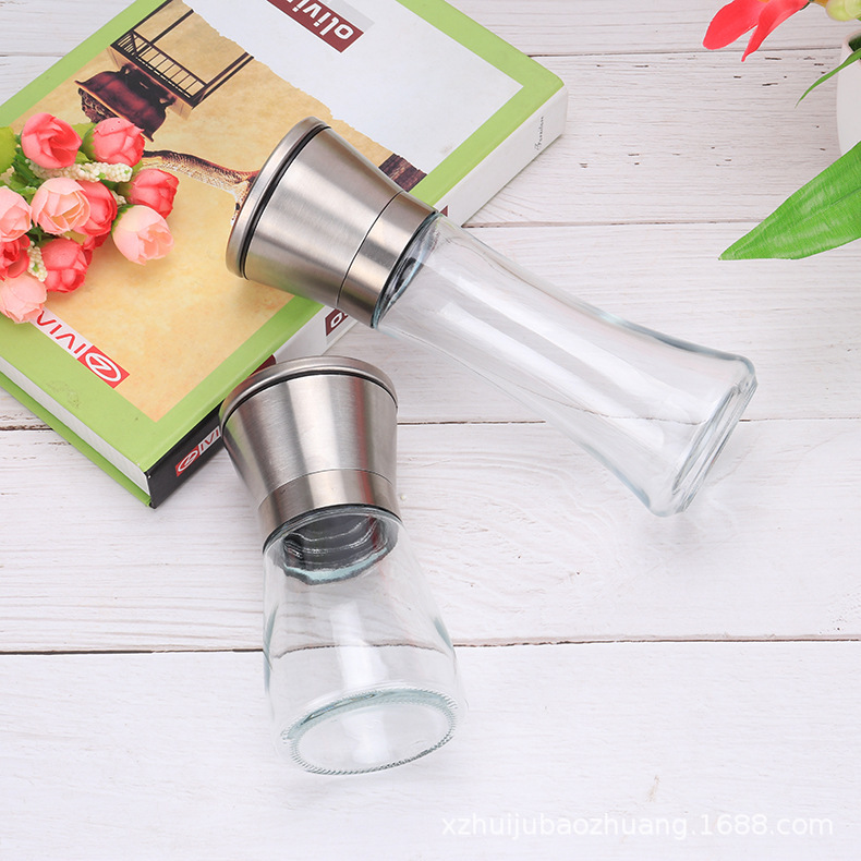 Factory direct sales stainless steel grinding machine, manual freshly ground pepper and Sichuan pepper grinding machine, kitchenware, glass seasoning bottle
