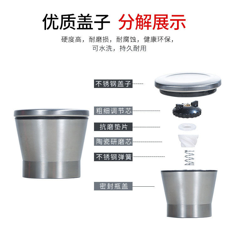 Factory direct sales stainless steel grinding machine, manual freshly ground pepper and Sichuan pepper grinding machine, kitchenware, glass seasoning bottle Item Picture