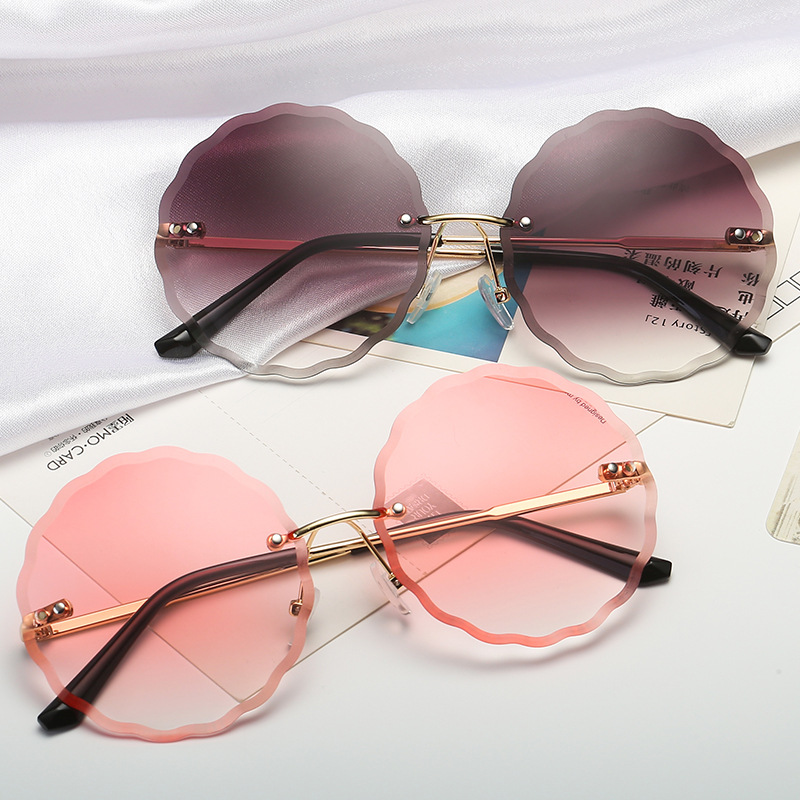 Polygonal cut edge metal frameless tinted flower sunglasses, women's ocean tinted UV protection new sunglasses