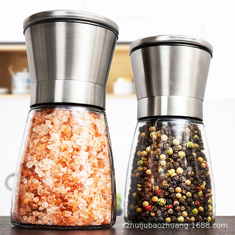 Factory direct sales stainless steel grinding machine, manual freshly ground pepper and Sichuan pepper grinding machine, kitchenware, glass seasoning bottle Specification image