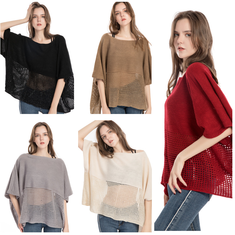 Spring New Plaid Hollowed-Out One-Line Collar Cape Female Autumn-Winter Warm Imitation Cashmere Monochrome Mantle Poncho details Picture