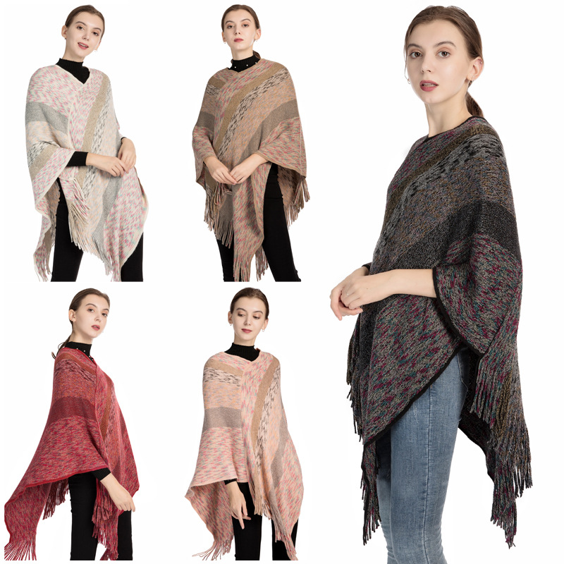 Autumn And Winter New Color Silk Stripe Knitwear Manufacturers Direct Foreign Trade Spot Acrylic Mantle Female Poncho Application Scenario