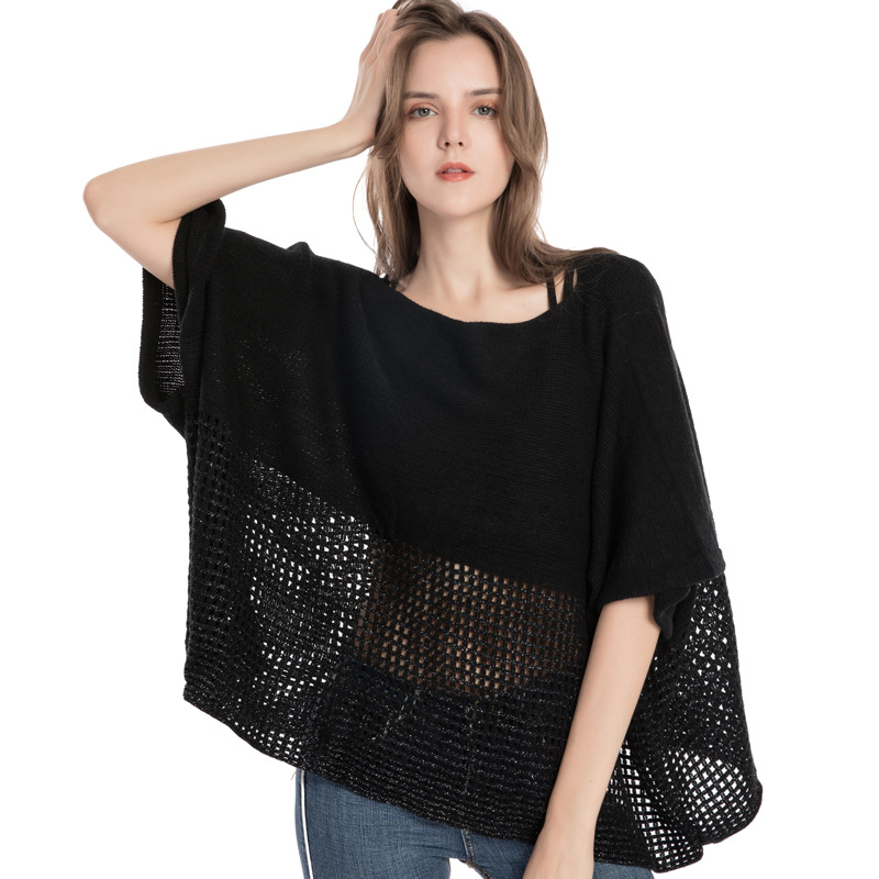 Spring New Plaid Hollowed-Out One-Line Collar Cape Female Autumn-Winter Warm Imitation Cashmere Monochrome Mantle Poncho
