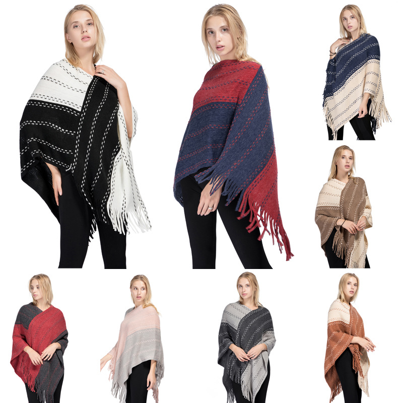 Factory Direct Sales Color Matching Tassel Knitted Shawls Female Autumn And Winter New Warm Acrylic Sheath Cape Foreign Trade Spot Application Scenario
