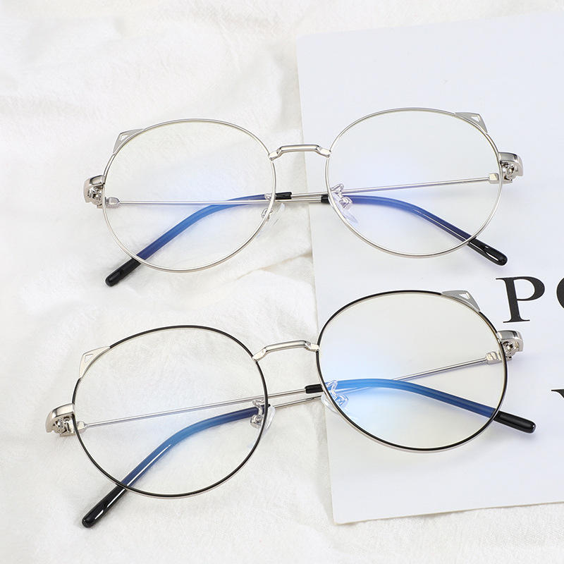新款复古韩版猫耳朵圆形眼镜框金属防蓝光平光镜时尚护目眼镜框