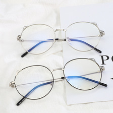 新款复古韩版猫耳朵圆形眼镜框金属防蓝光平光镜时尚护目眼镜框