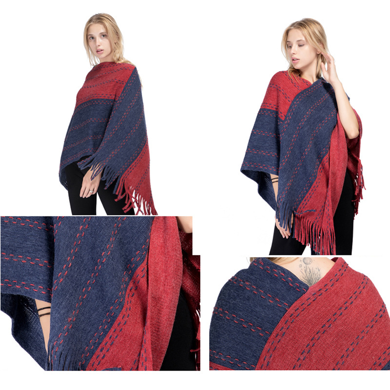 Factory Direct Sales Color Matching Tassel Knitted Shawls Female Autumn And Winter New Warm Acrylic Sheath Cape Foreign Trade Spot details Picture