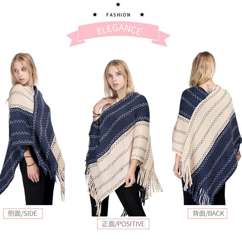 Factory Direct Sales Color Matching Tassel Knitted Shawls Female Autumn And Winter New Warm Acrylic Sheath Cape Foreign Trade Spot Specification drawing