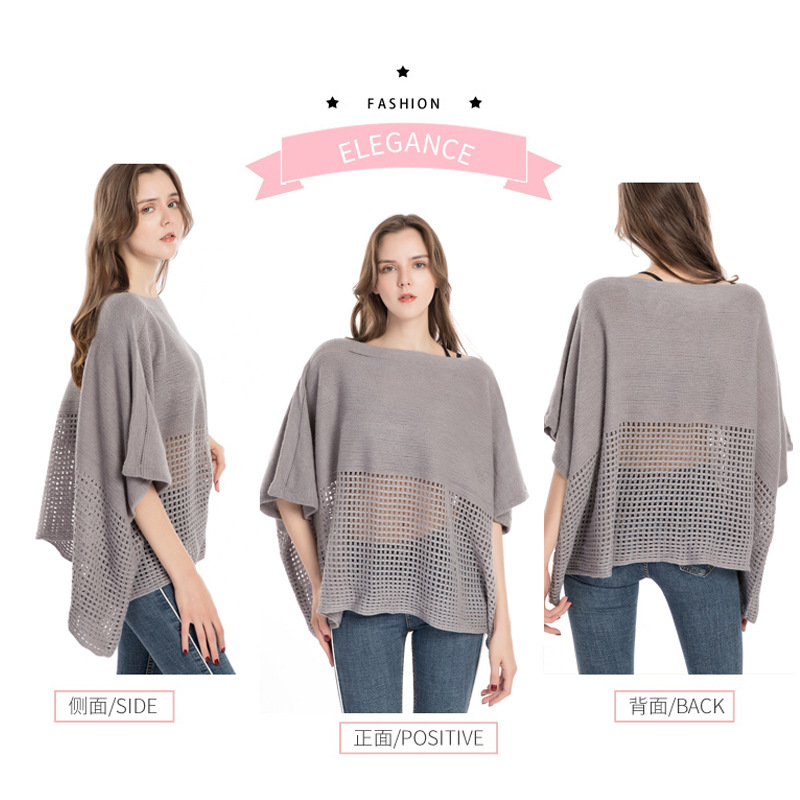 Spring New Plaid Hollowed-Out One-Line Collar Cape Female Autumn-Winter Warm Imitation Cashmere Monochrome Mantle Poncho Specification drawing