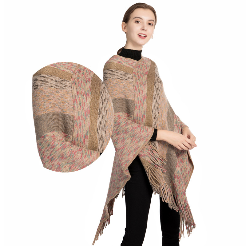 Autumn And Winter New Color Silk Stripe Knitwear Manufacturers Direct Foreign Trade Spot Acrylic Mantle Female Poncho details Picture