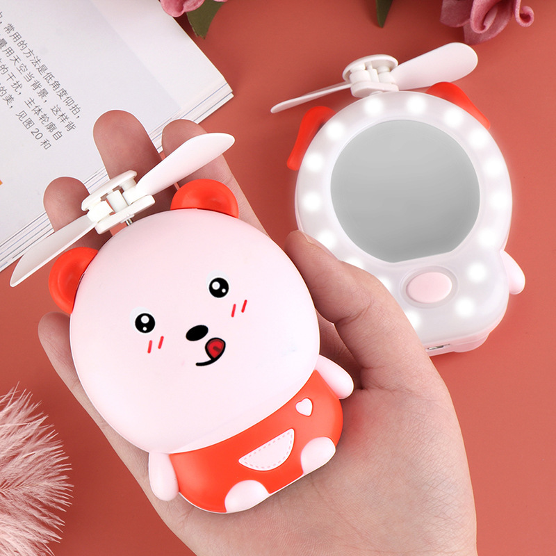 Fashion cartoon USB charging Cute bear beauty makeup mirror summer handy pocket LED lighting fan