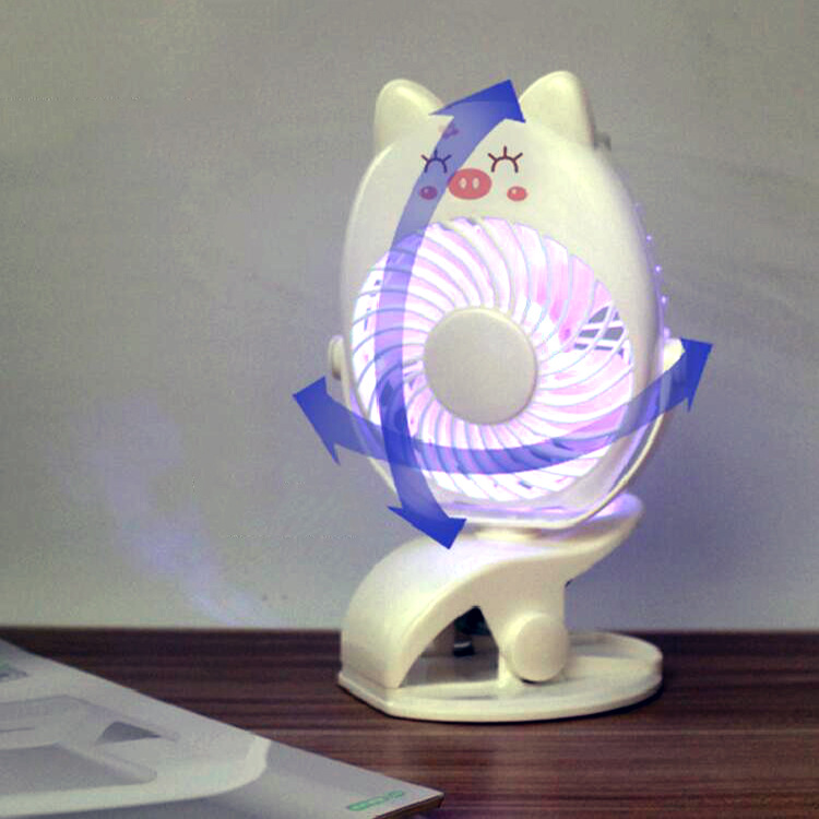 Creative cartoon USB charging three-gear small fan with light portable mini clip student fan details Picture