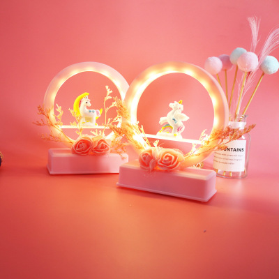 创意音乐圆盘彩虹马个性生日礼物小夜灯卧室摆件少女心梦幻装饰品