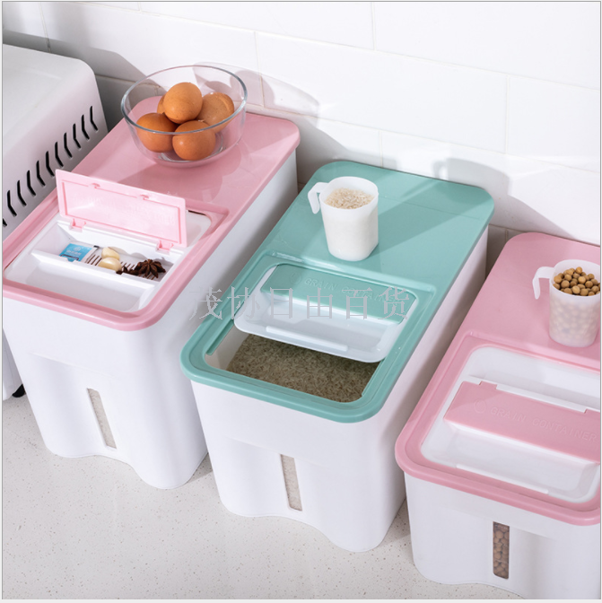 Square moisture-proof rice pail Kitchen sealed pail Plastic rice container Rice container with measuring cup measuring rice storage box