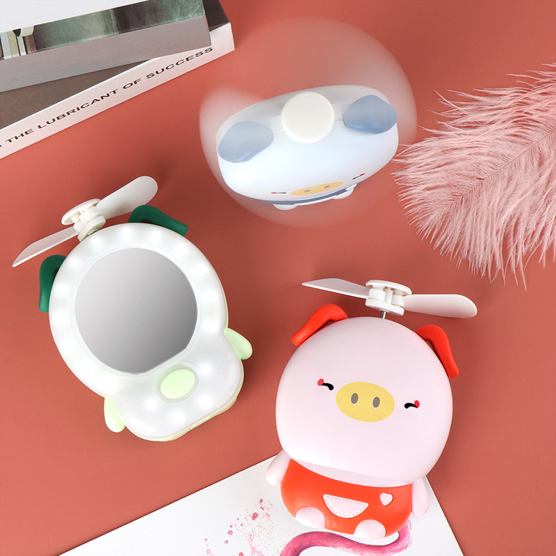 Fashion cartoon USB charging piglet beauty makeup mirror summer handy pocket LED fill light lamp fan