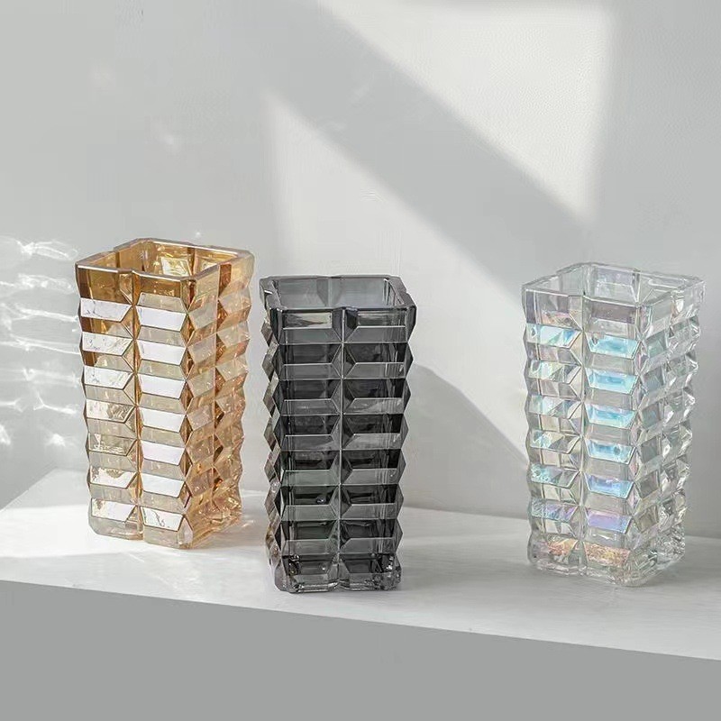 创意四方加厚透明玻璃花瓶摆件插花客厅餐桌面装饰简约水培花器