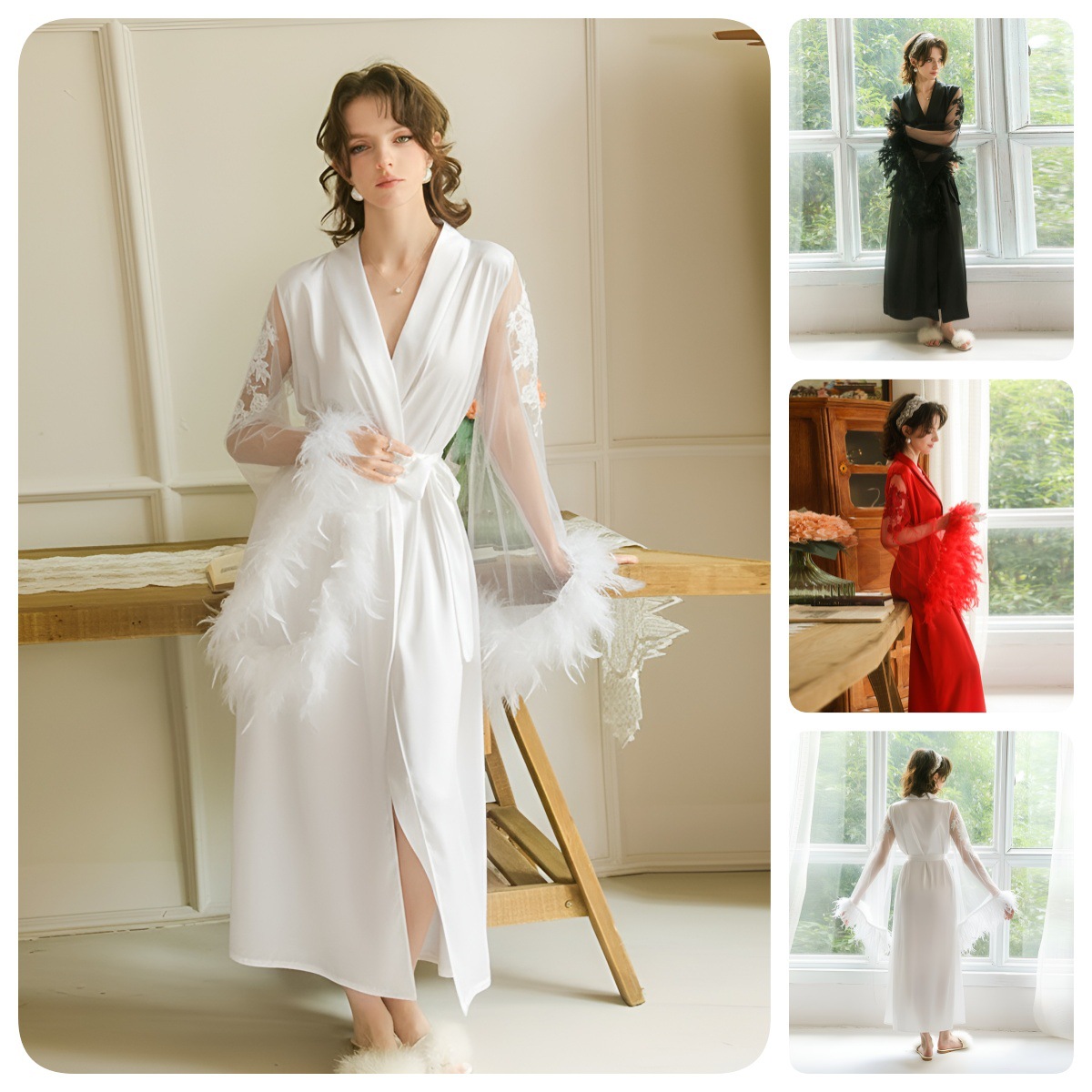 Long fur decorated satin bathrobe, lace patchwork long-sleeved tie bathrobe, women's light luxury home wear 847 full figure