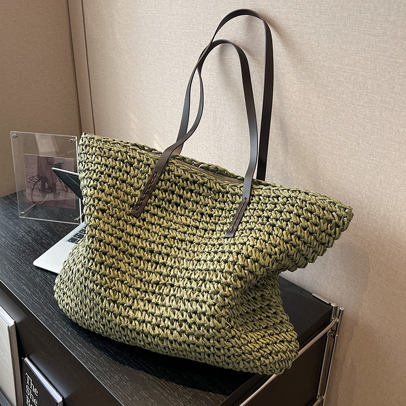Bolso de paja transfronterizo bolso de playa bolso de hombro de gran capacidad tejido de una sola bolsa de hombro multifuncional bolso de paja de transporte urbano tote bolso de mano tejido a mano moda casual simple bolso de paja