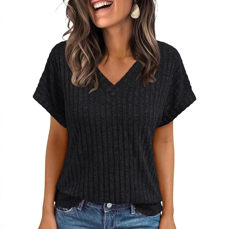 2025 European and American Cross-border summer top Women's short-sleeved casual V-neck pullover T-shirt Item Picture