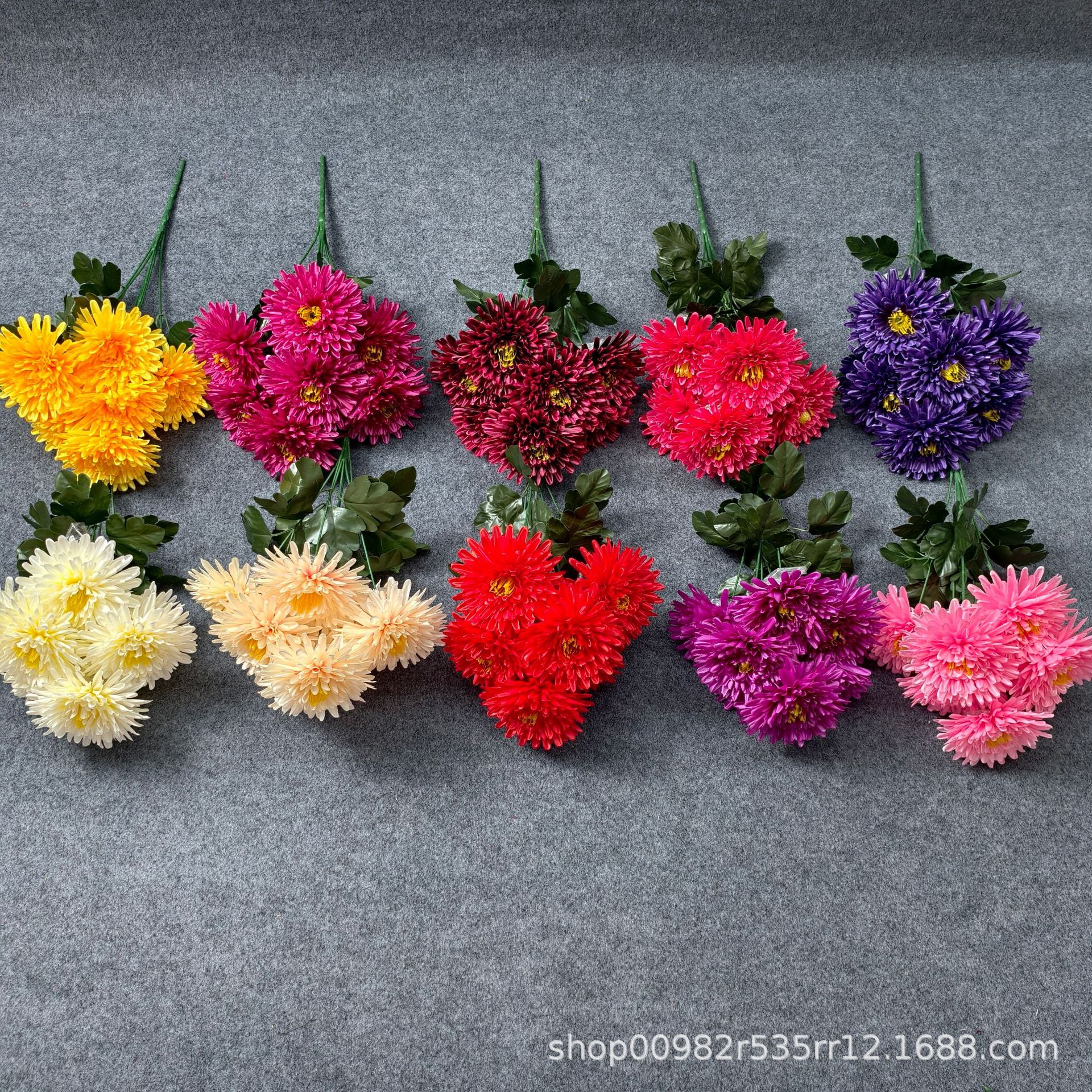 跨境7头仿真花针菊清明节祭祀上坟假花殡仪馆绢花大把束菊花批发