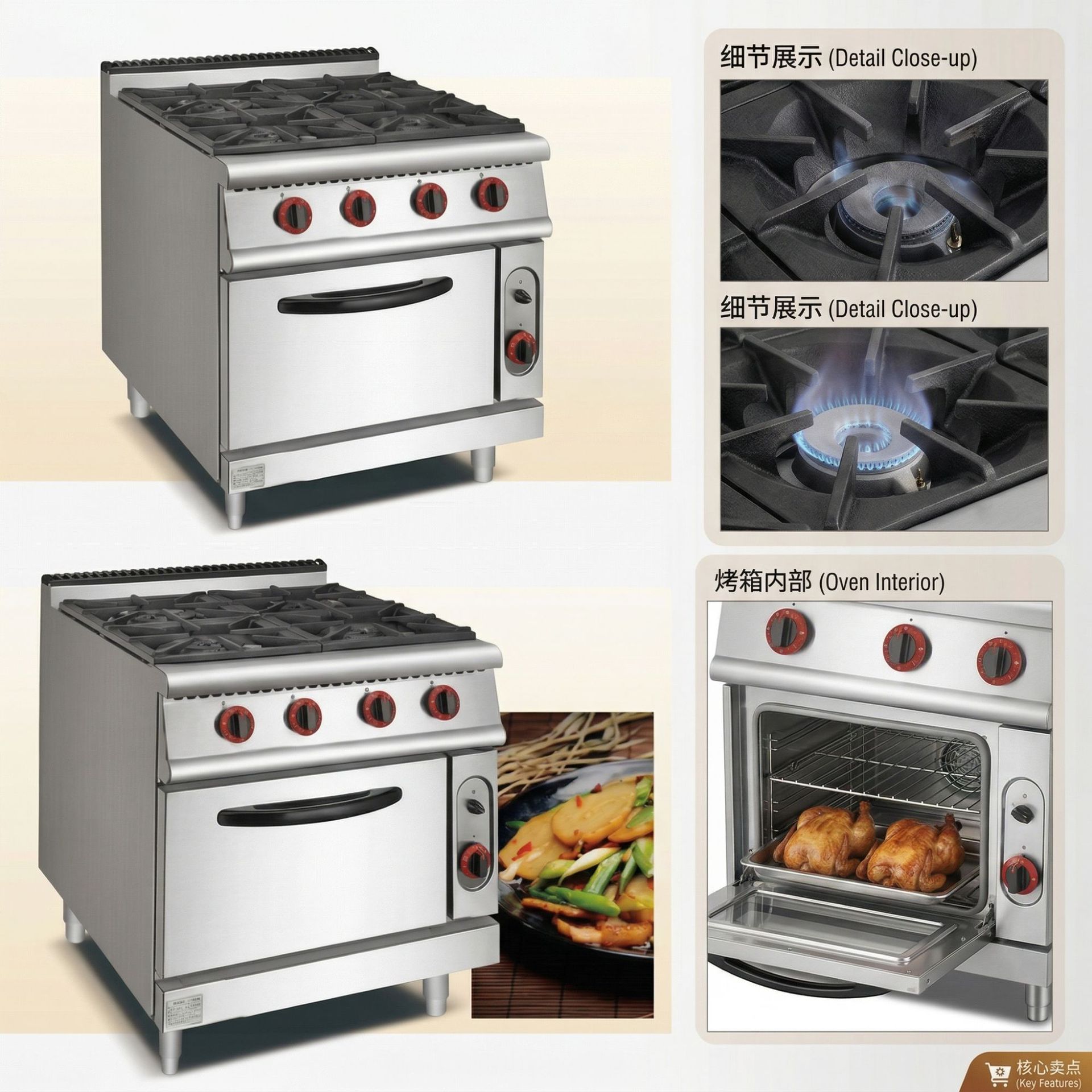 Kaiping commercial vertical gas four-head rice cooker with gas oven, hotel kitchen equipment, kitchen kitchenware equipment details Picture
