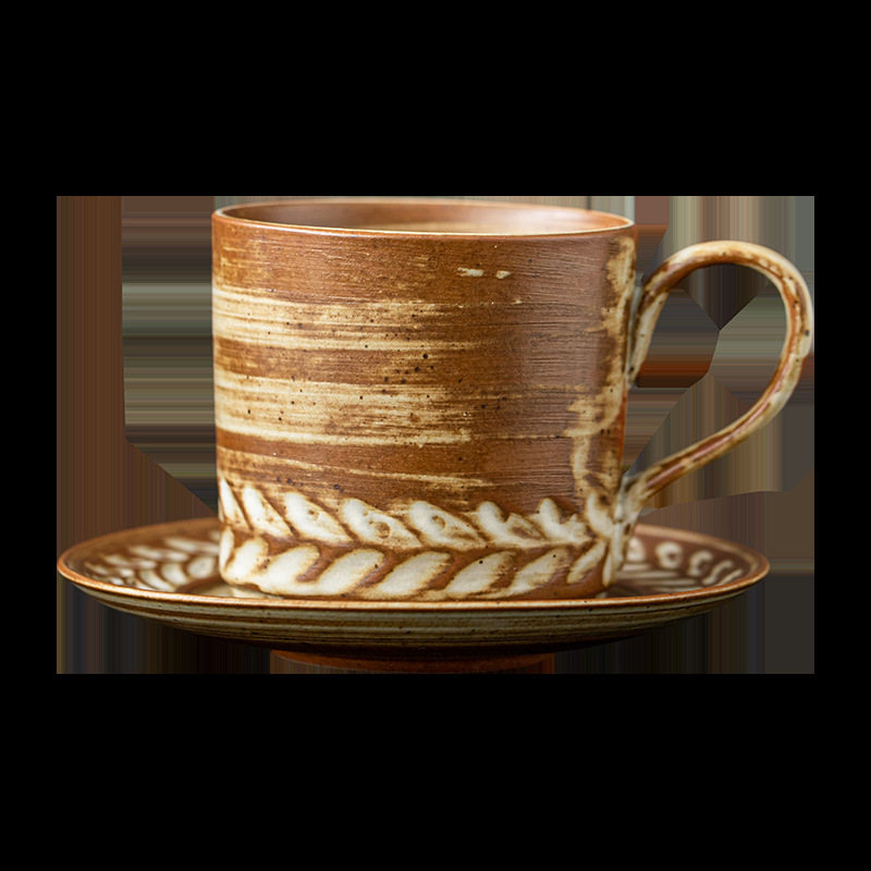 小麦纹咖啡杯碟套装家用复古欧式卡布奇诺拿铁杯子花式咖啡拉花杯白底实物图