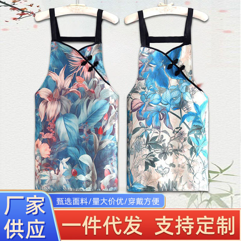 复古风防污耐磨工作服新中式旗袍围裙耐脏耐磨饭店用厨房围腰