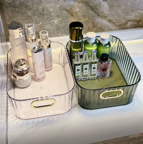 Light luxury desktop storage box, plastic storage basket, transparent dressing table, skin care product storage box, snack basket Application Scenario