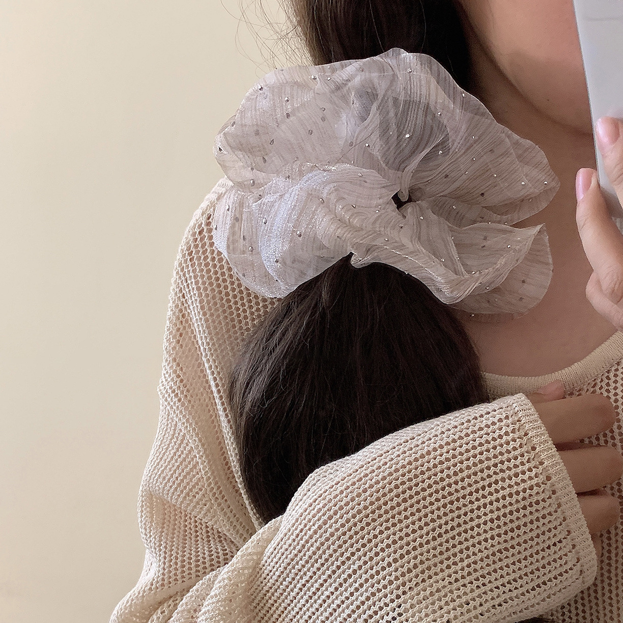 Large 20cm seep yarn, starry sky, rhinestone, large intestine hair band, French high-end style for women, fashionable and elegant hair accessory details Picture