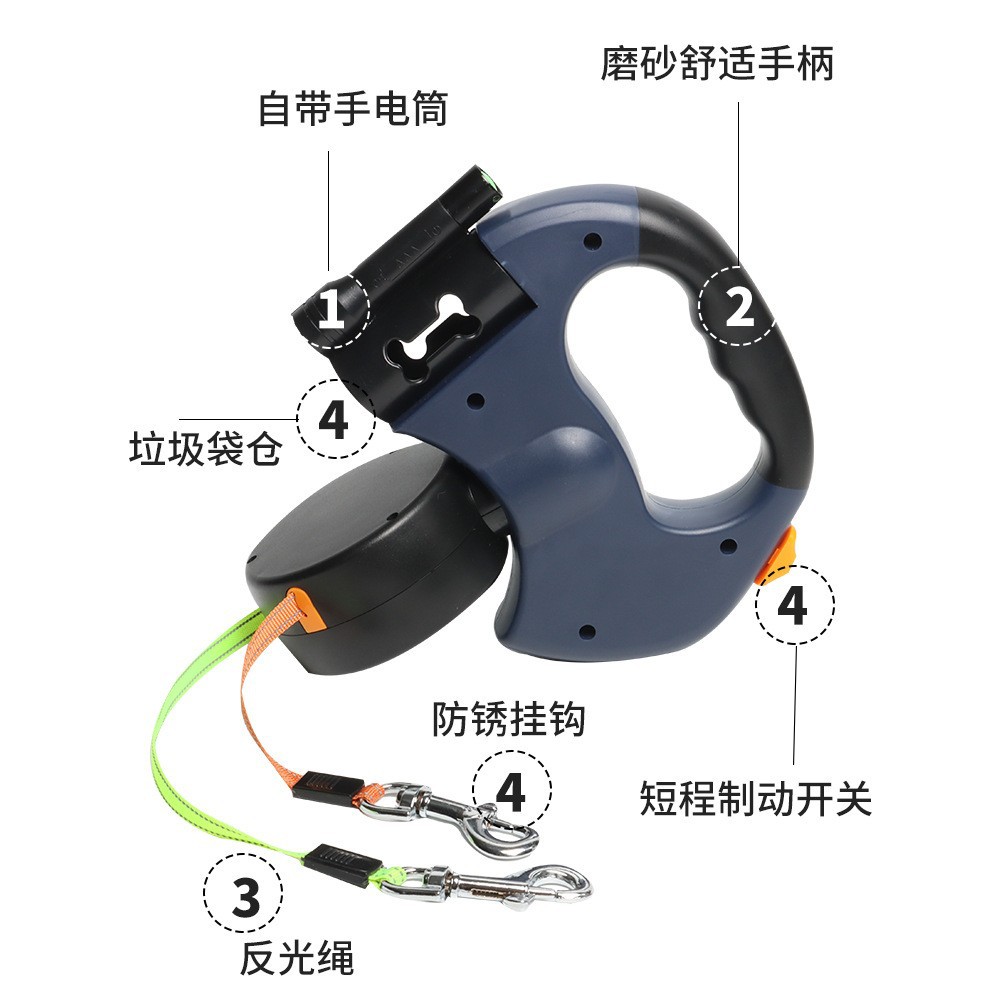 Wholesale of pet automatic leash, double-head telescopic dog chain, one drag and two dog traction device, two-in-one dog walking leash Specification image