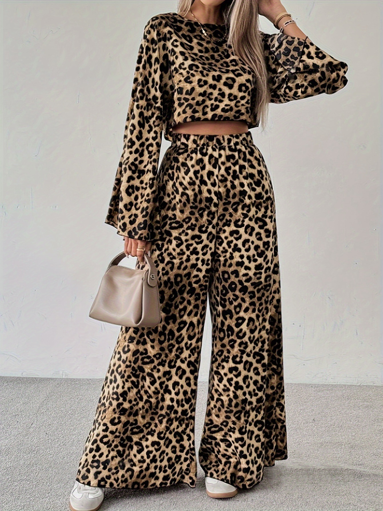 Spring 2025 New leopard print loose and comfortable long-sleeved and long pants two-piece set for cross-border women from Europe and America Specification drawing