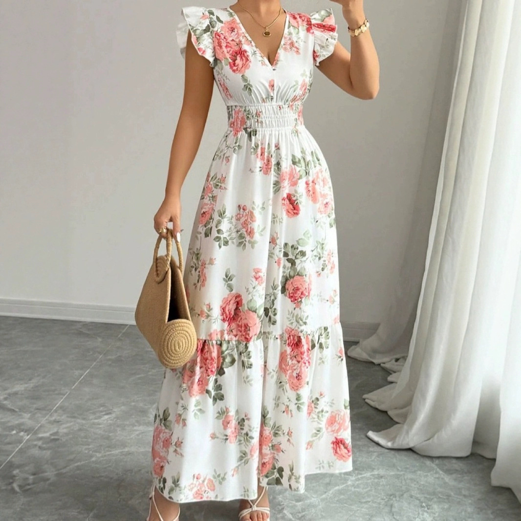 A new sleeveless Amazon European and American short-sleeved women's dress with fashionable and elegant style, featuring foreign trade printed lotus leaf sleeves Specification drawing