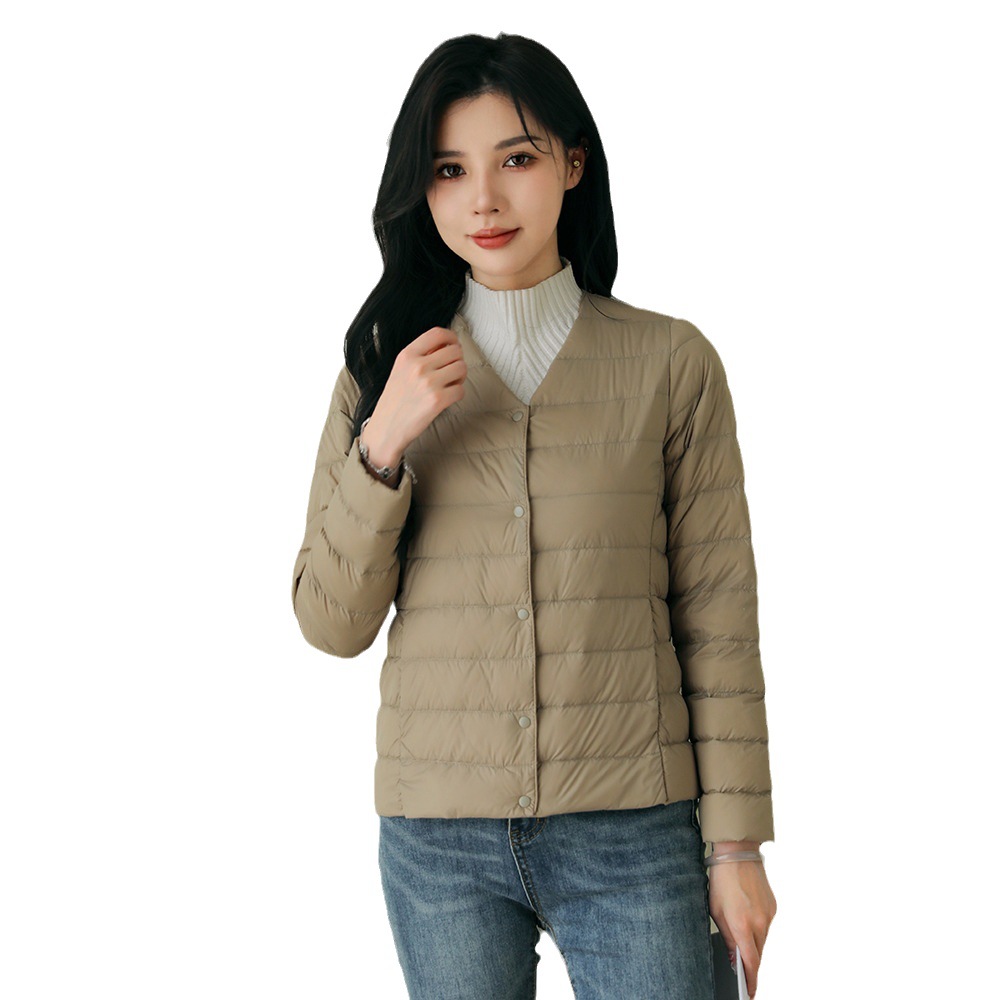 Pinghu down jacket V-neck round neck thin, light, solid color simple white duck down women's inner liner light down jacket jacket Item Picture
