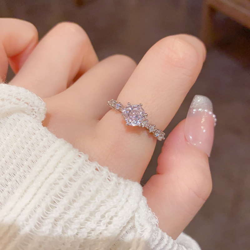 Wholesale of Japanese and Korean fashion, super shiny pink zircon open ring for women, with a light luxury style and a simple yet high-end feel