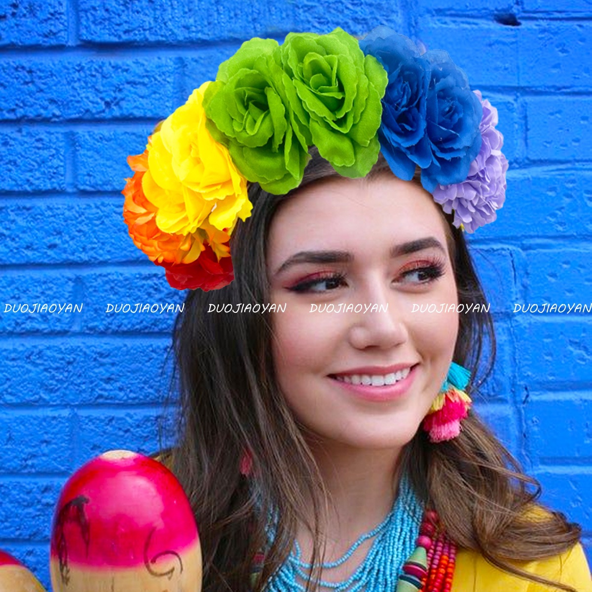 The new cross-border flower headband, featuring colorful and realistic flowers, is a high-end hair accessory with a high top of the head. It is a carnival style headband for women Specification drawing