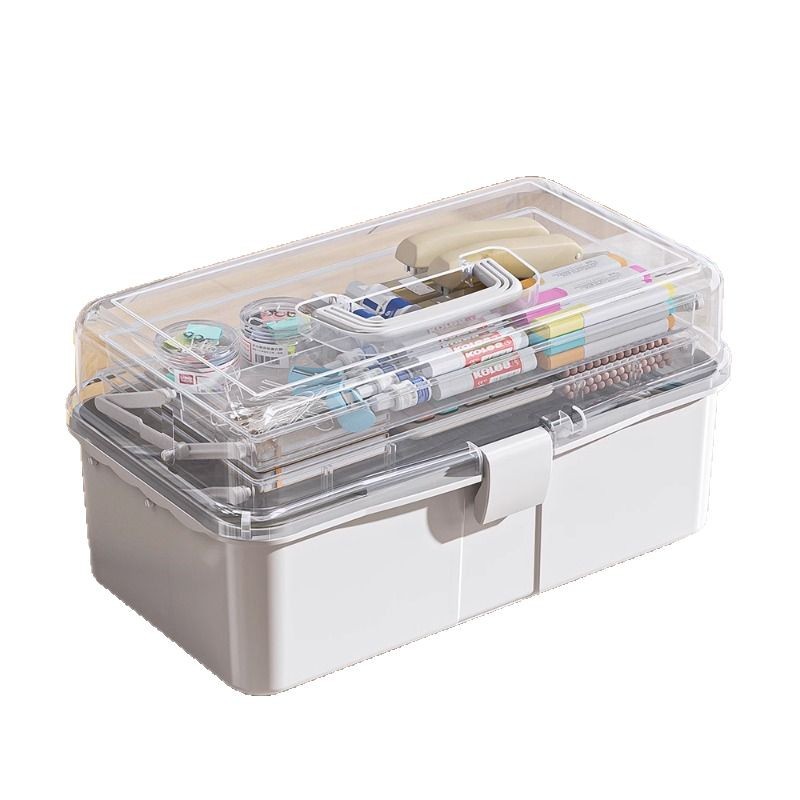 Stationery organization, art tools, transparent three-layer folding portable desktop, paintbrush, paint, calligraphy storage box, storage box Item Picture