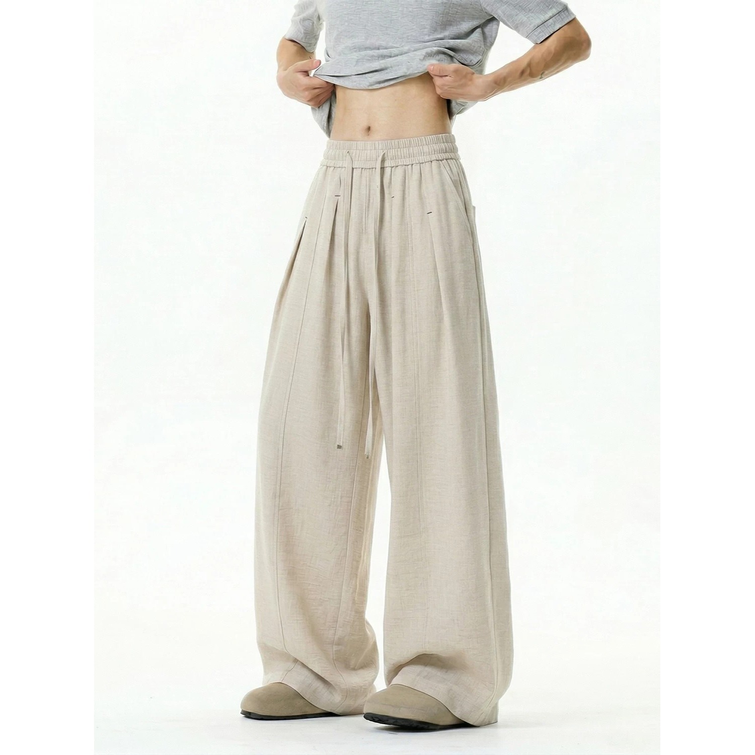 Old Qian Style imitation linen curved knife pants Men's 2026 Summer Deconstruction Breathable, loose, casual and relaxed wide-leg pants