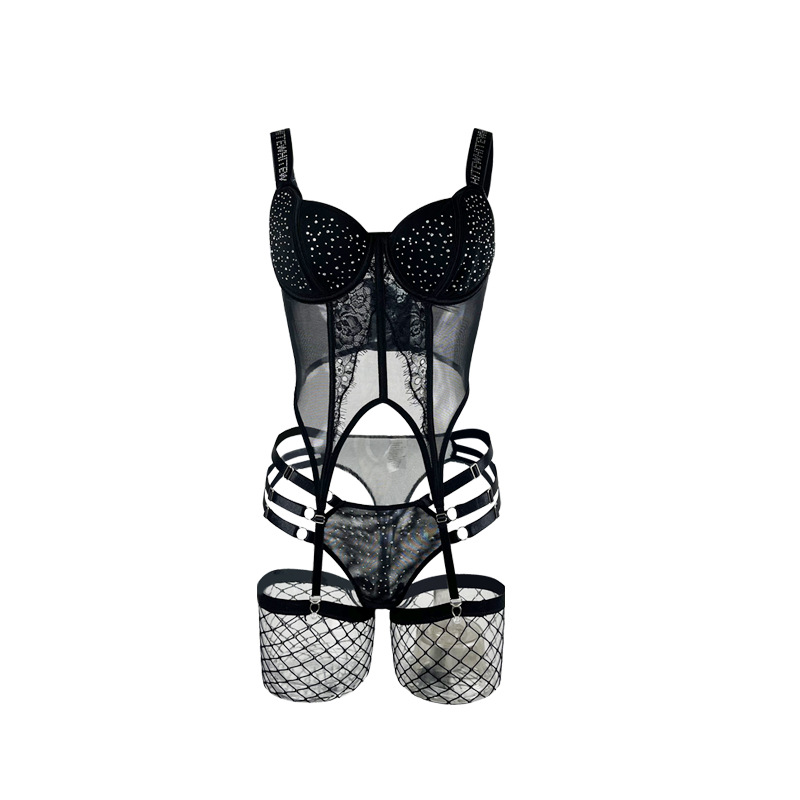 European and American style sexy rhinestone lace steel ring chest cushion one-piece dress, halter and sock set women's romantic lingerie JR011 Item Picture