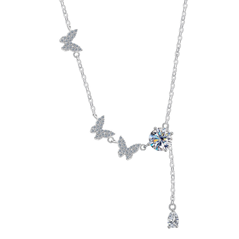 Zhuoheng selects light luxury and niche tassel butterfly Moissang necklaces for women's fashion accessories wholesale, including pure silver pendants Specification image