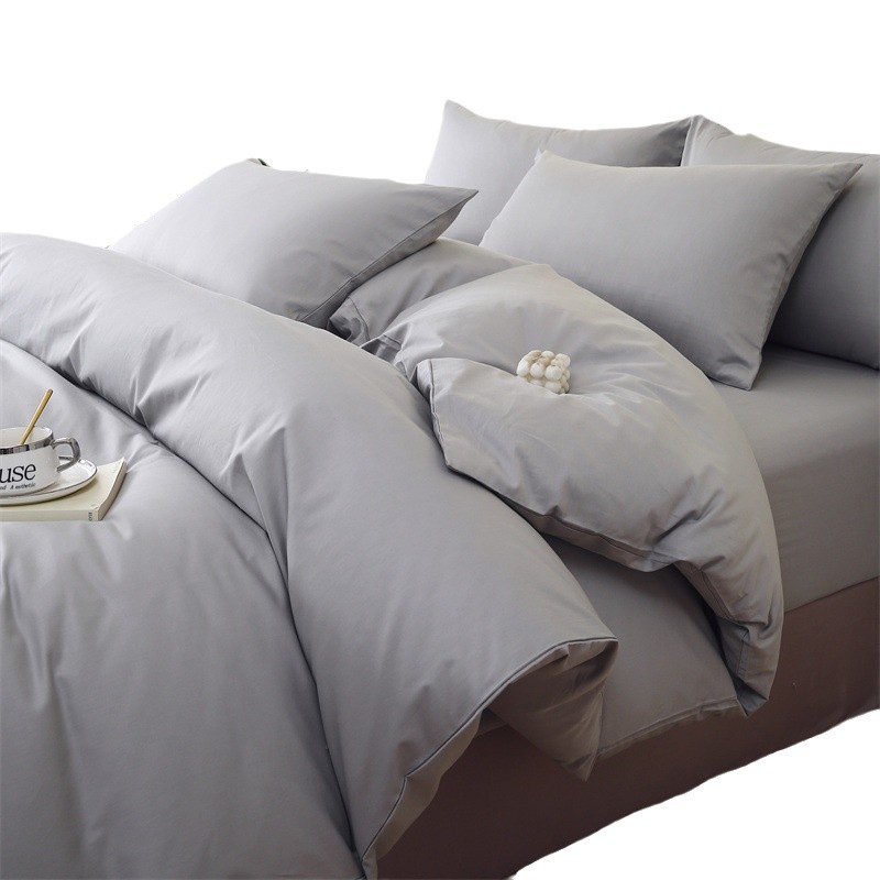 Light luxury solid-color all-cotton brocade bed, four-piece bedding set, simple color-blocking bed sheet, duvet cover, bed hat, Class a, baby and maternal grade Item Picture