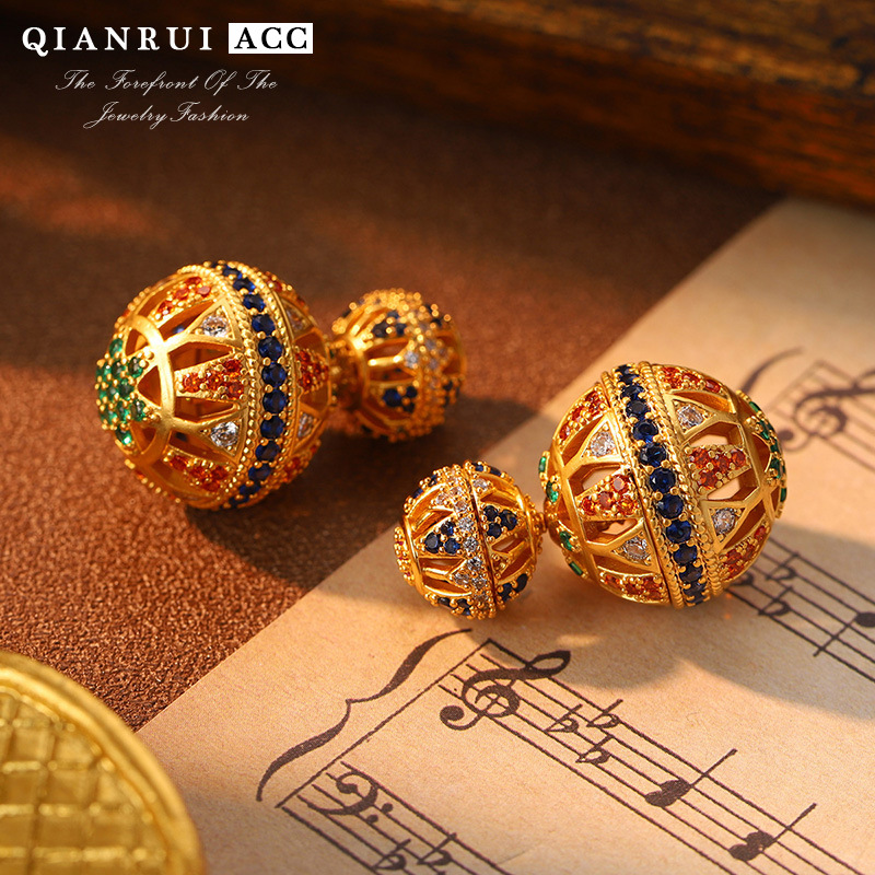 微镶彩锆重工耳坠欧美时尚潮人几何耳饰银针气质彩色大小圆球耳环