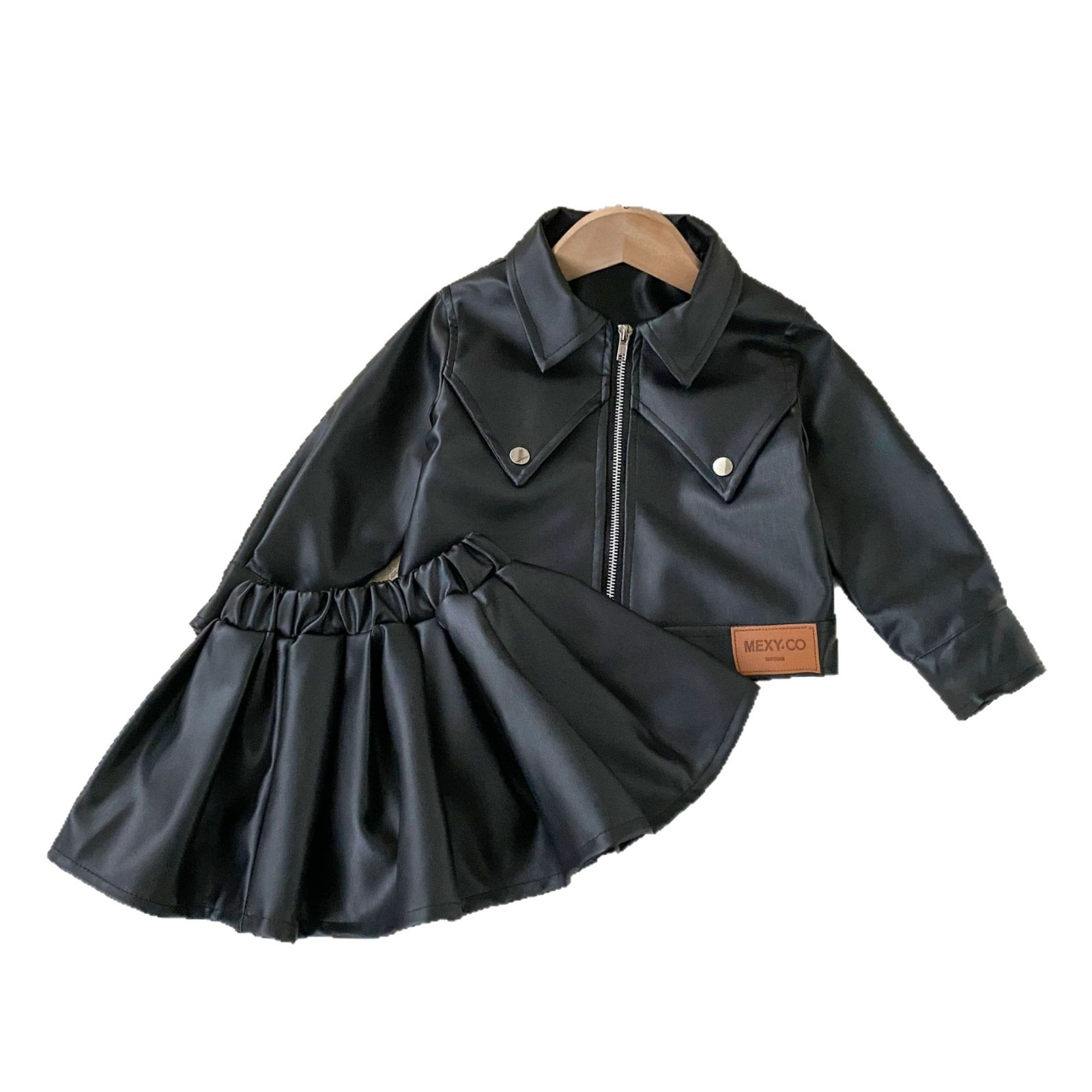 女童秋季pu皮套装小女孩韩版时髦机车服儿童皮衣外套百褶裙两件套白底实物图