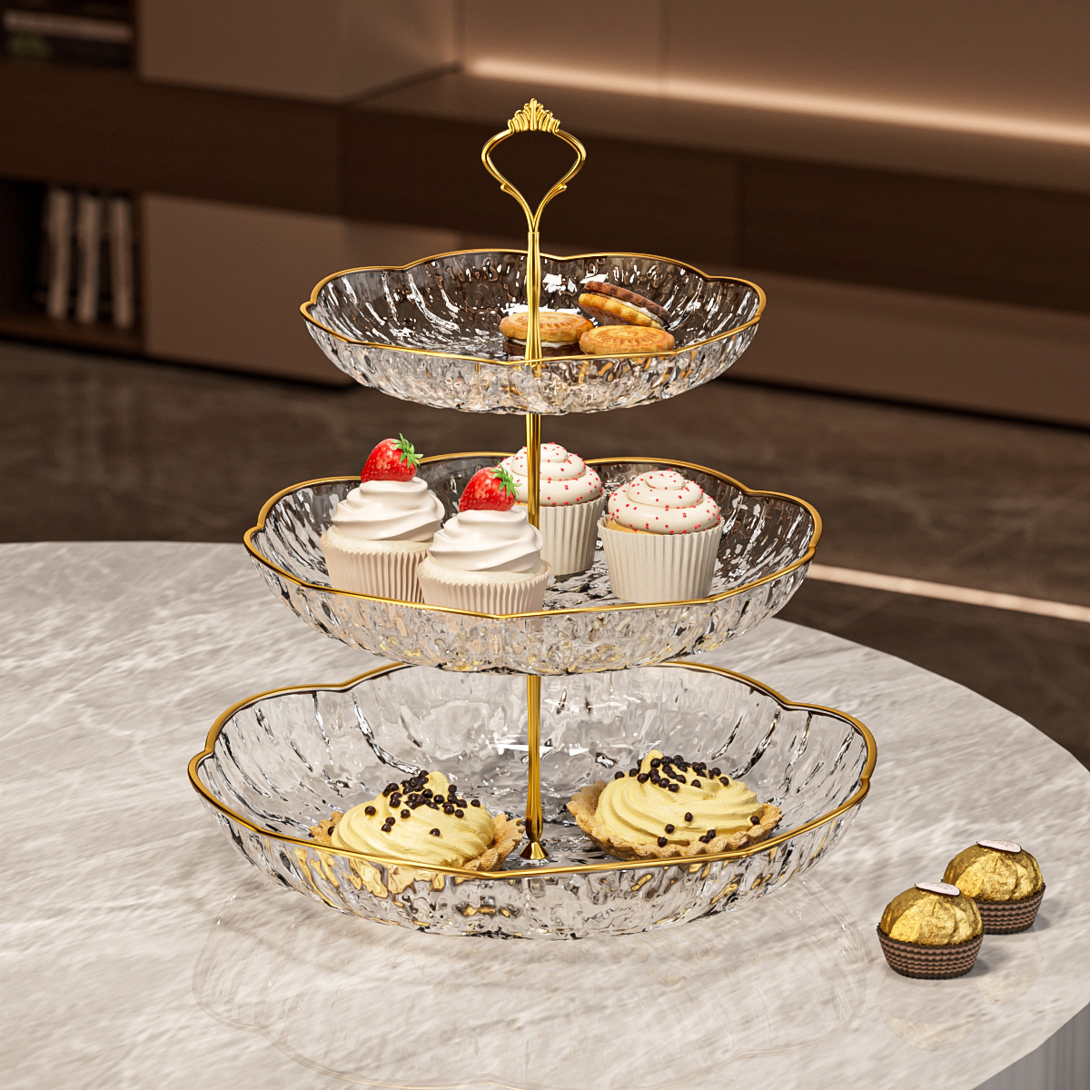 玻璃果盘/塑料盘子/镂空金属水果篮/年货/欧式轻奢水晶果盘产品图